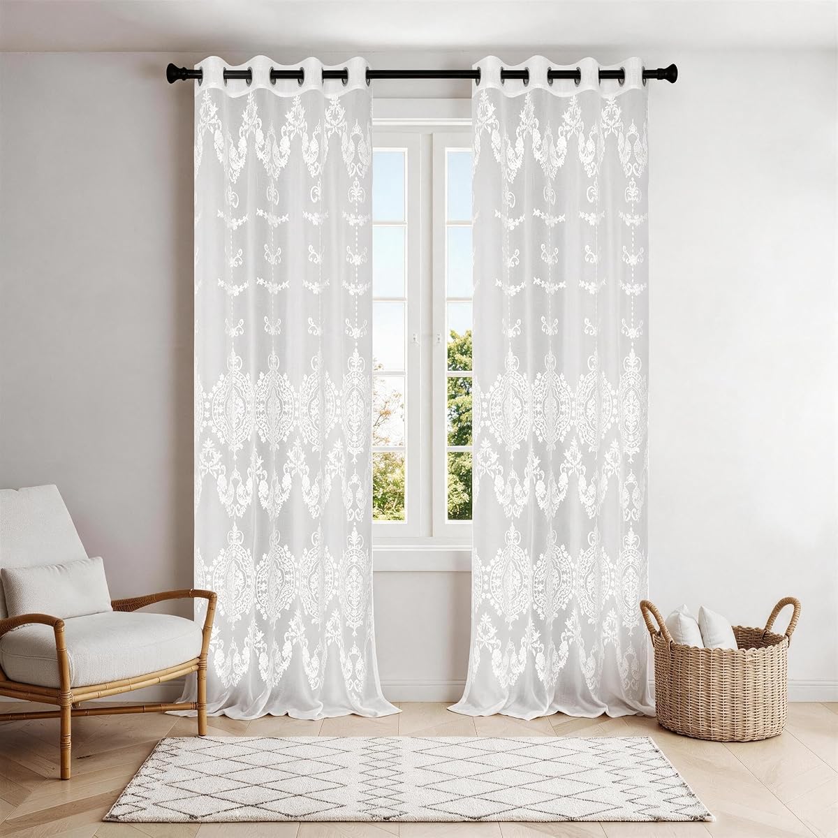 Embroidered Sheer Curtains — White