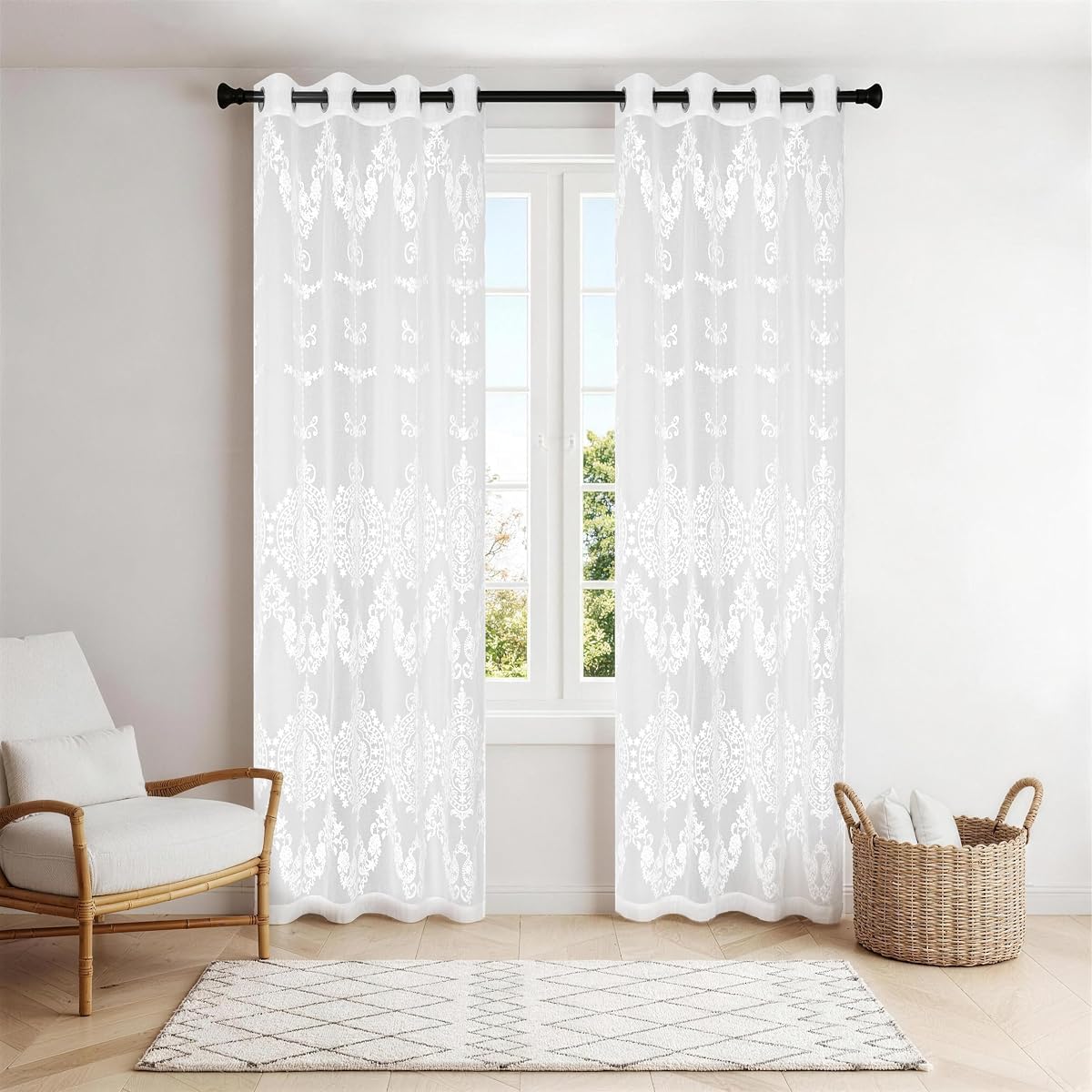 Embroidered Sheer Curtains — White