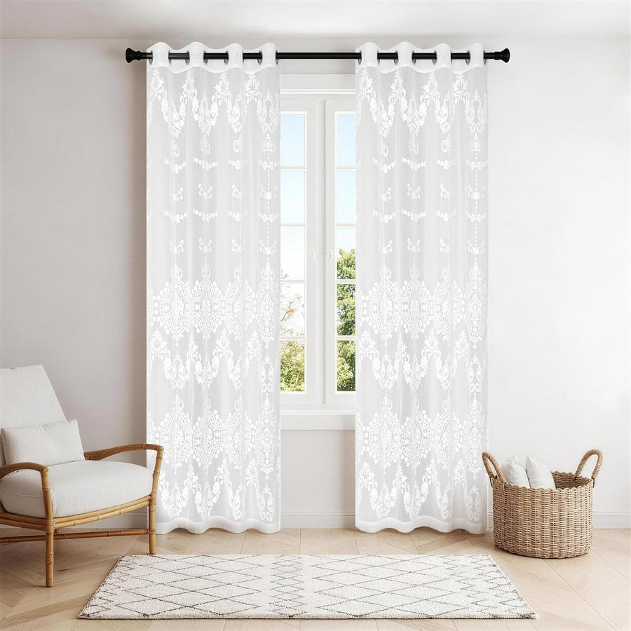 Embroidered Sheer Curtains — White