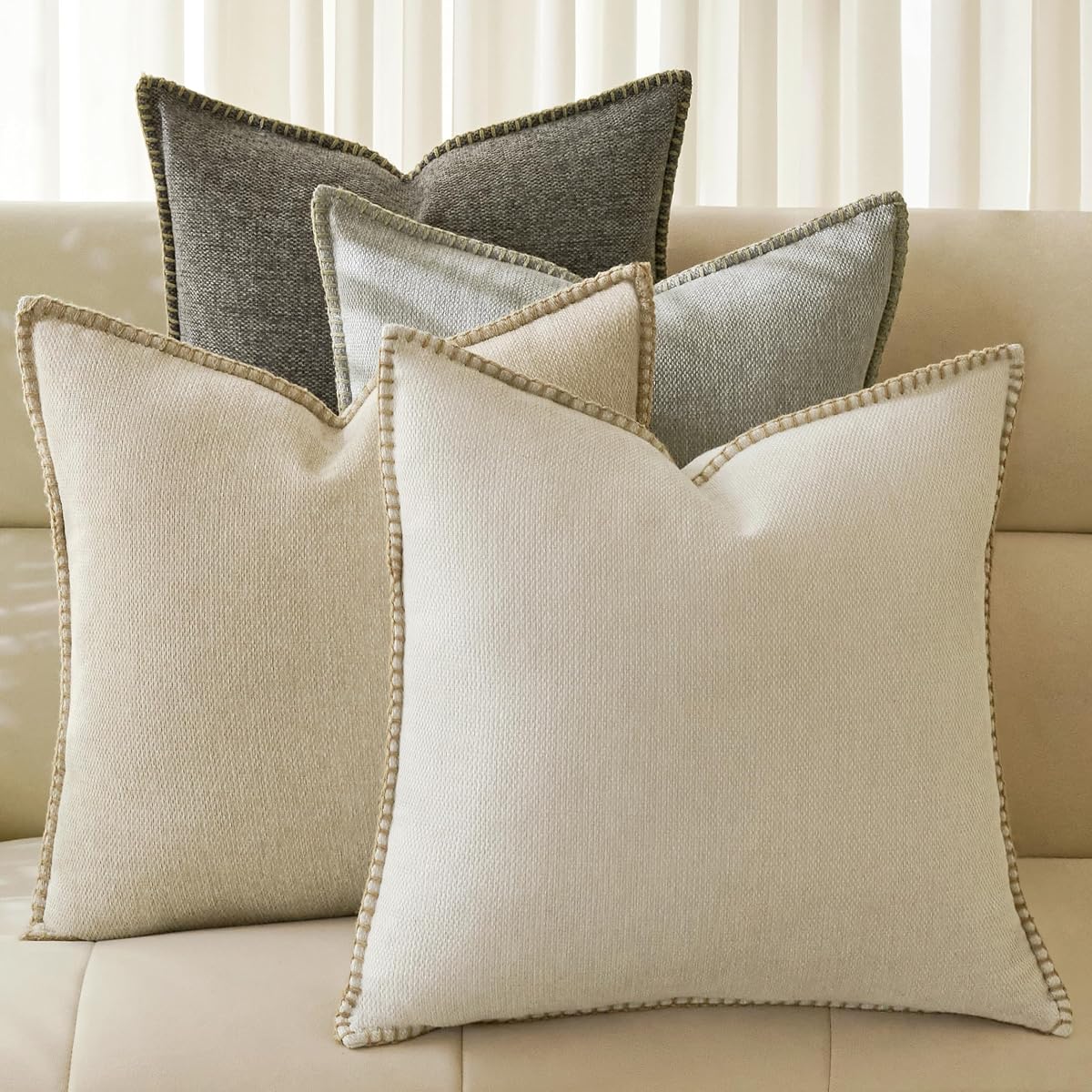 Blanket-Stitch Linen-Look Pillow Covers — Set of 4 — Cream