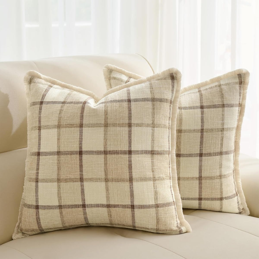 Windowpane Plaid Pillow Covers with Fringe — Set of 2 — Cream Taupe